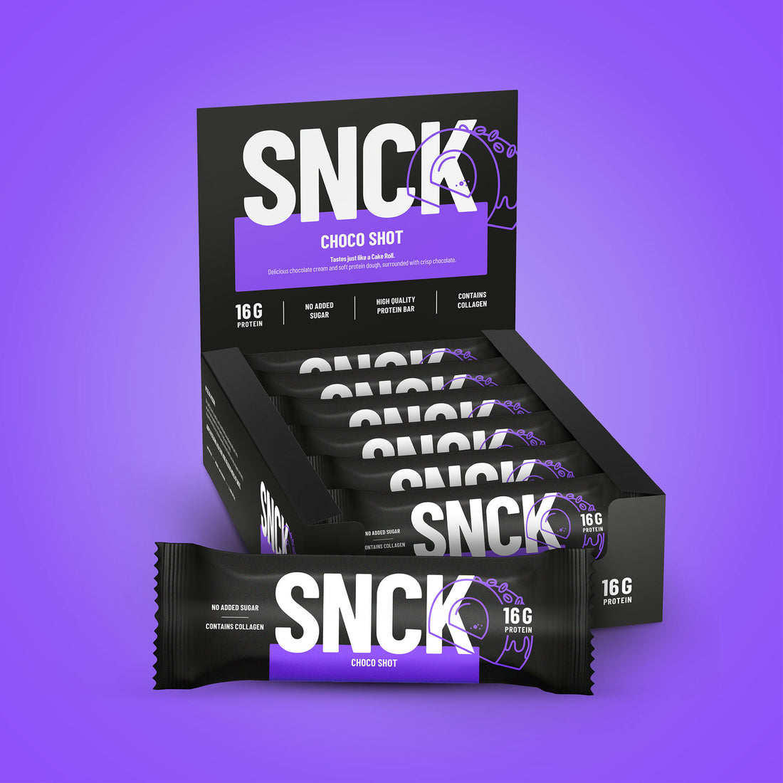 Box of SNCK Choco Shot protein bars on a purple background